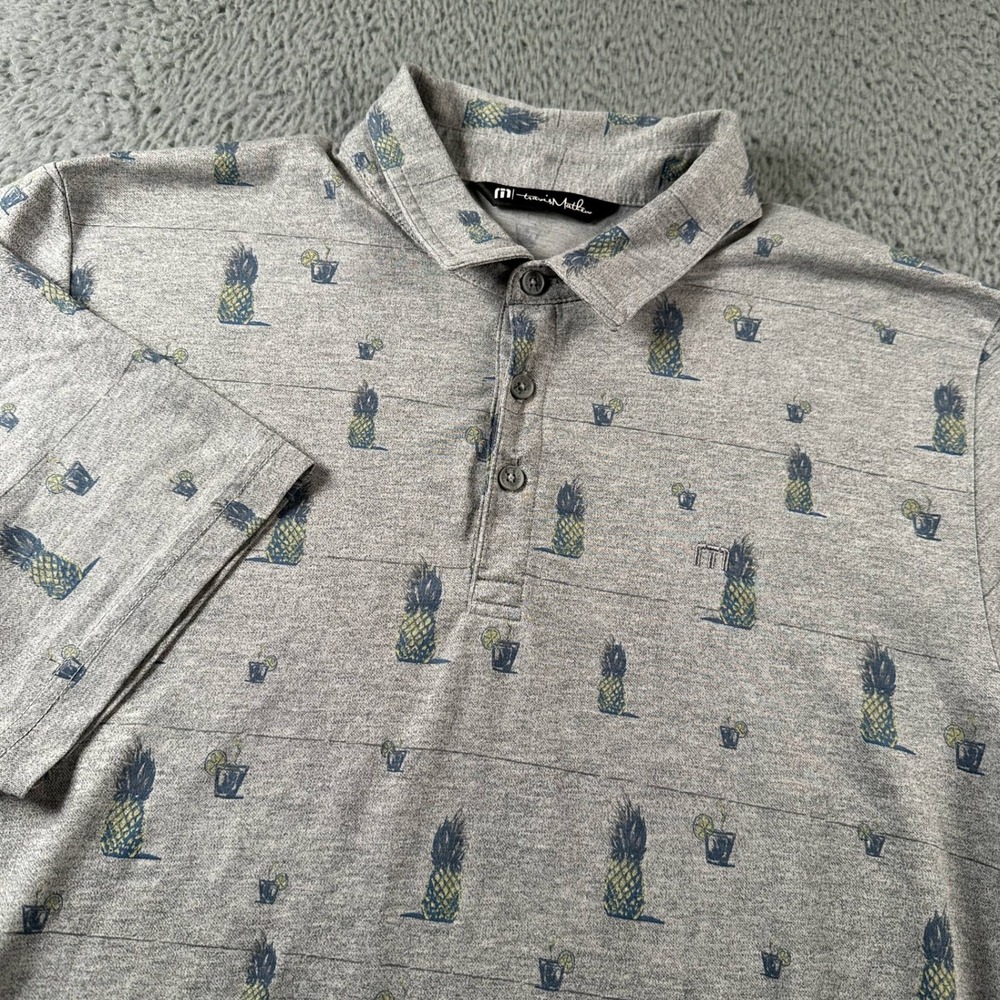 Travis Mathew Polo Mens L‎ Pineapple All Over Print Gray Golf Shirt Embroidered